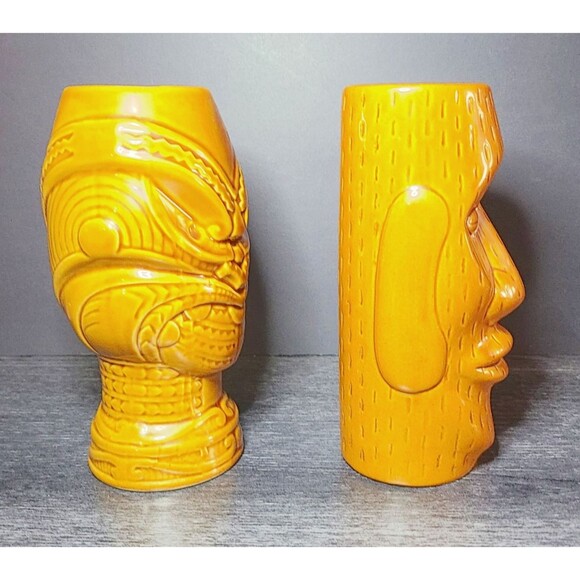 Tiki Mug Tumbler Bar Light Brown Ceramic (2 Mugs) 12 oz Polynesian 3D Face 6.75" - Picture 4 of 6